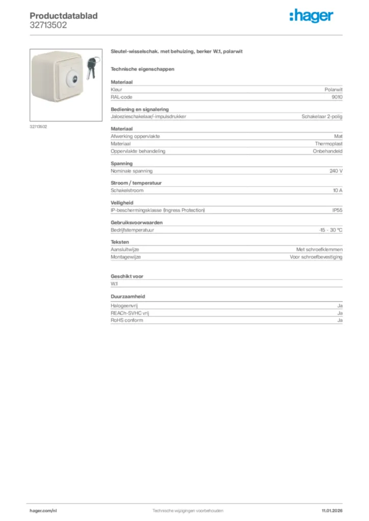 Afbeelding Hager Productdatablad 32713502 | Hager Nederland