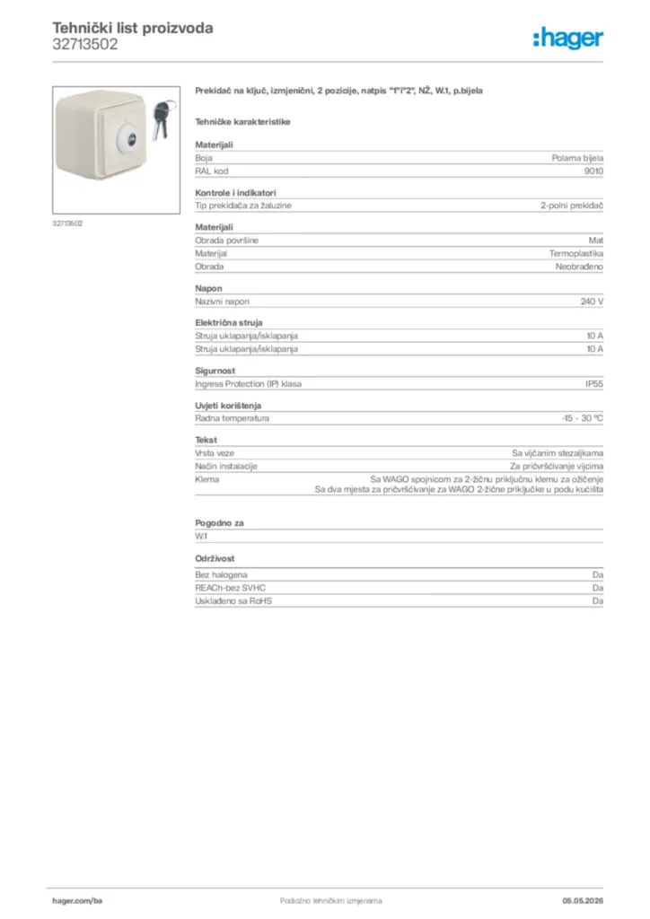 Slika Hager Tehnički list proizvoda 32713502  | Hager