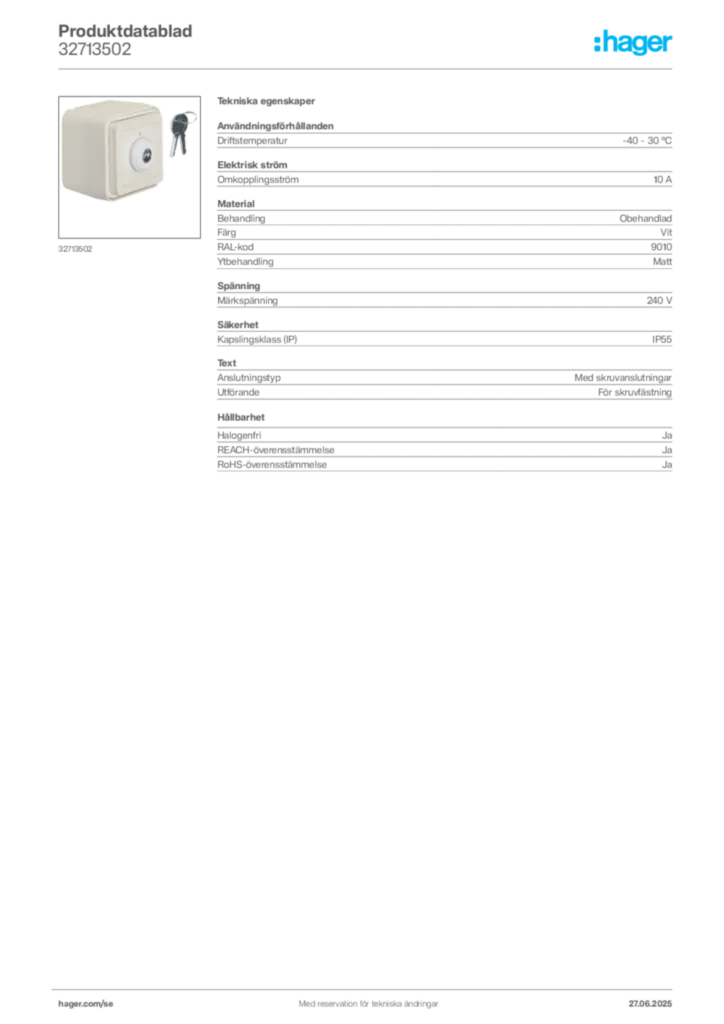 Bild Hager Produktdatablad 32713502 | Hager Sverige