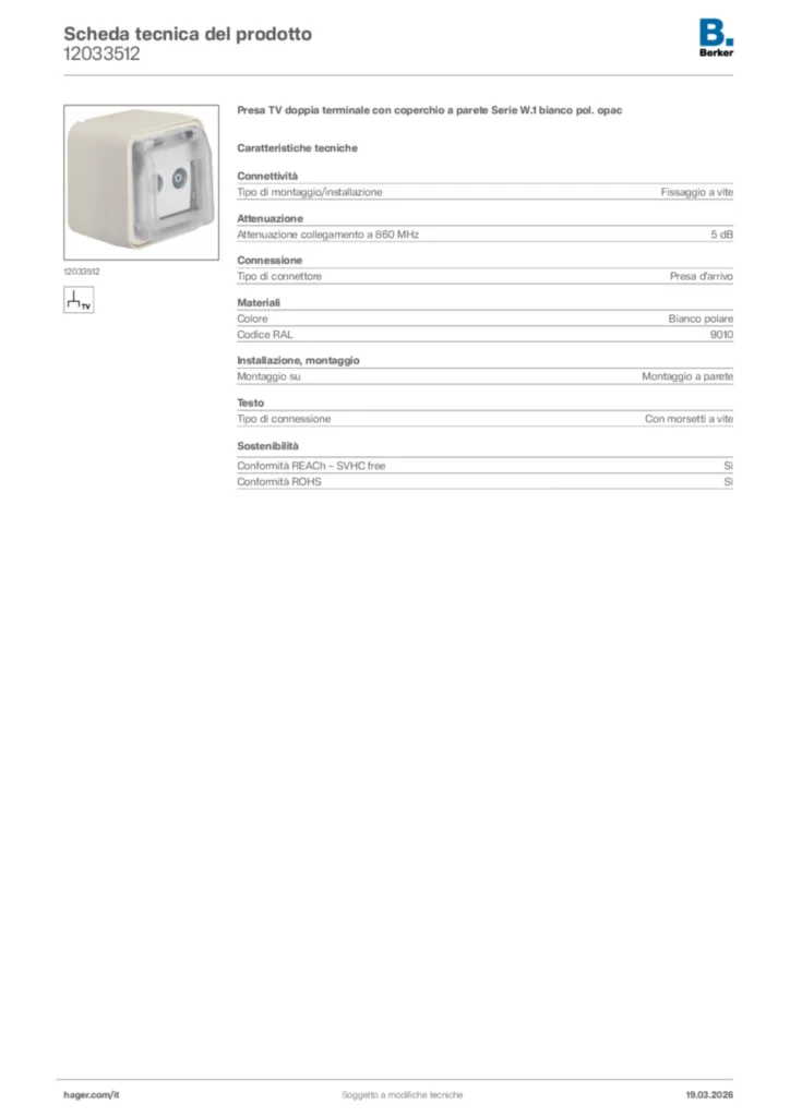 Immagine Berker Scheda tecnica del prodotto 12033512 | Hager Italia