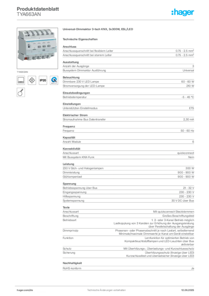 Hager Produktdatenblatt TYA663AN