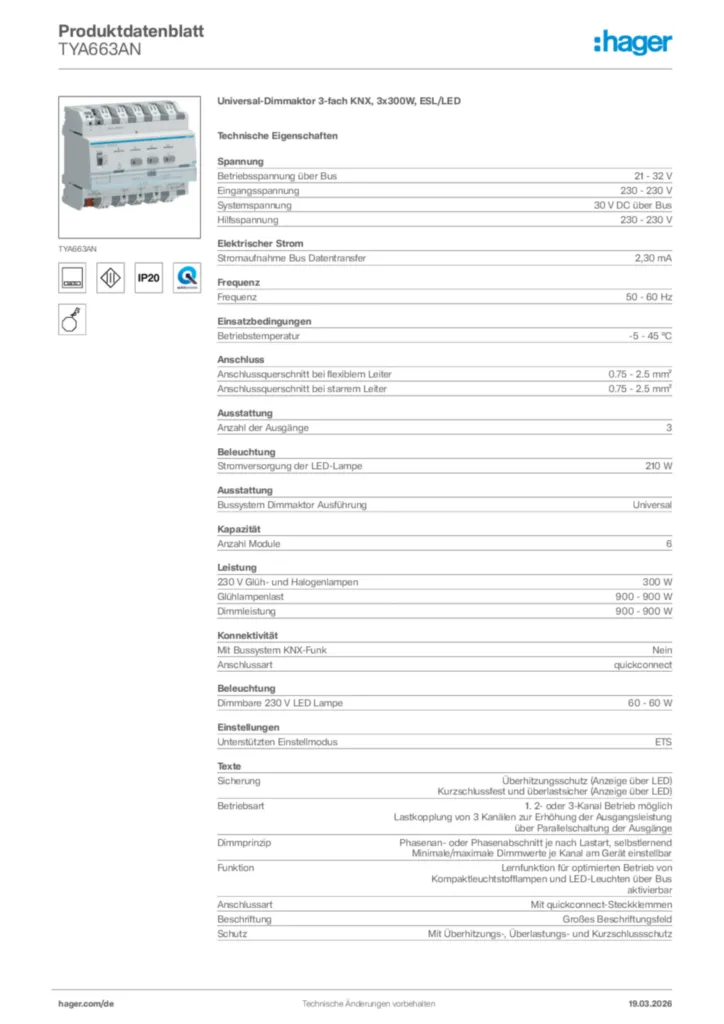 Bild Hager Produktdatenblatt TYA663AN | Hager Deutschland
