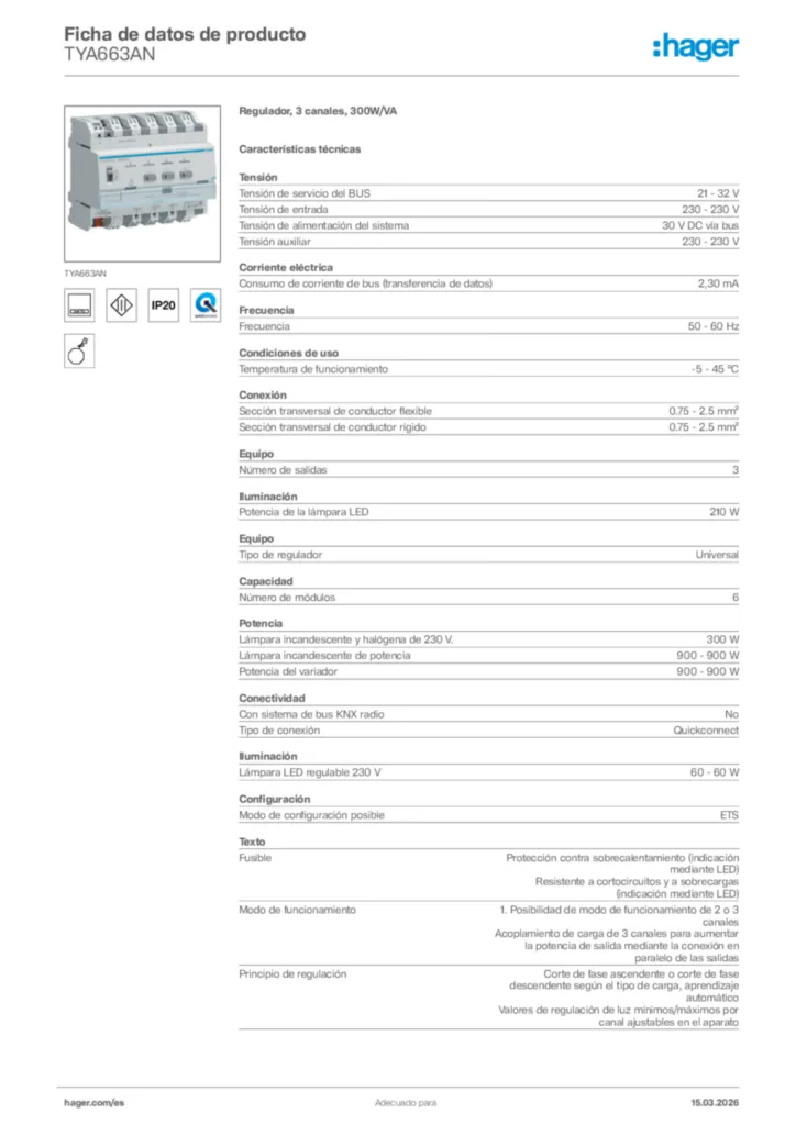 Imagen Hager Ficha de datos de producto TYA663AN | Hager España