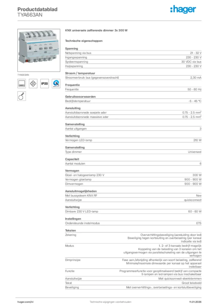 Afbeelding Hager Productdatablad TYA663AN | Hager Nederland