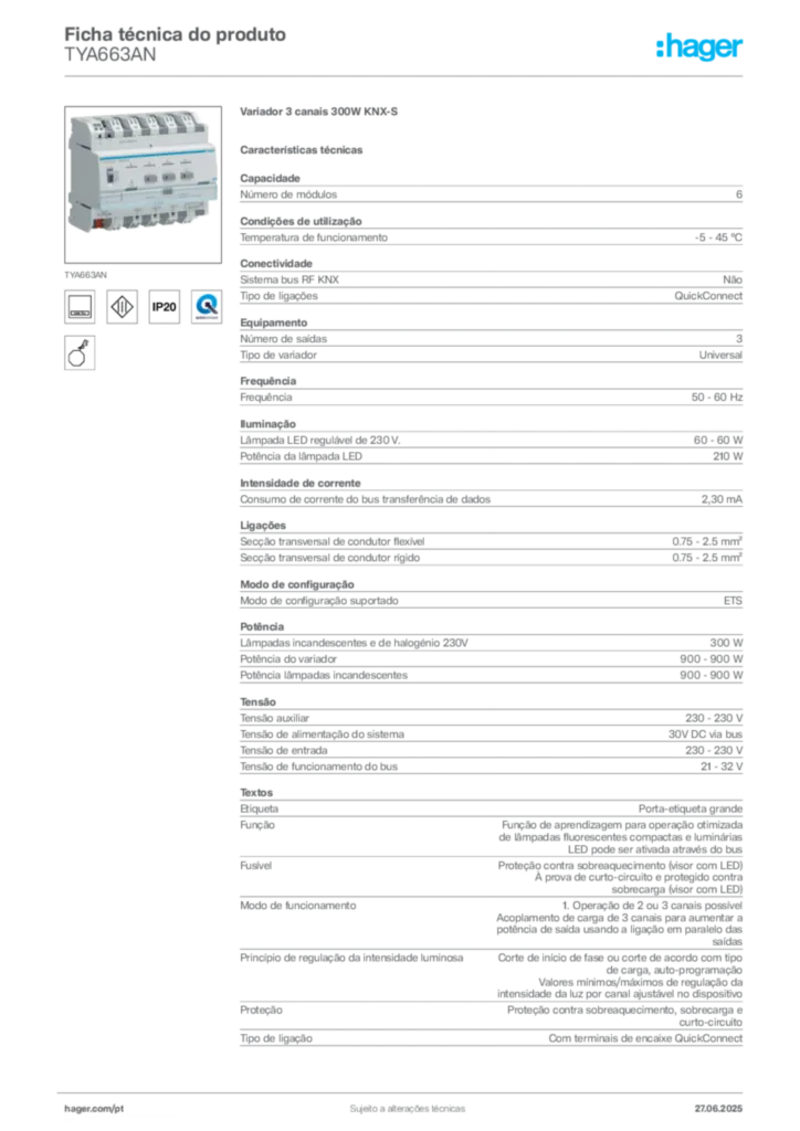 Imagem Hager Ficha técnica do produto TYA663AN | Hager Portugal