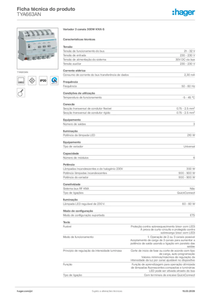 Imagem Hager Ficha técnica do produto TYA663AN | Hager Portugal