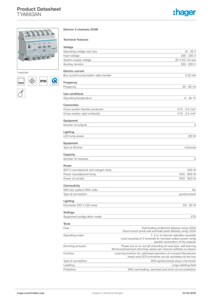 Image Hager Product data sheet TYA663AN  | Hager