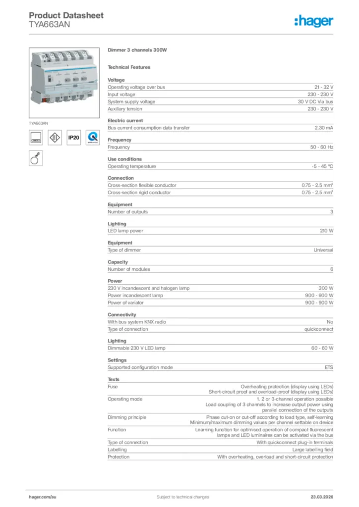 Image Hager Product data sheet TYA663AN  | Hager Australia