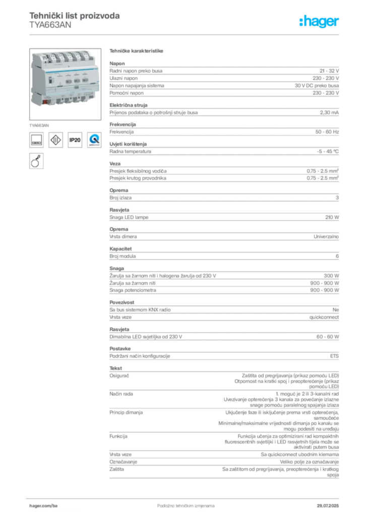 Slika Hager Product data sheet TYA663AN  | Hager