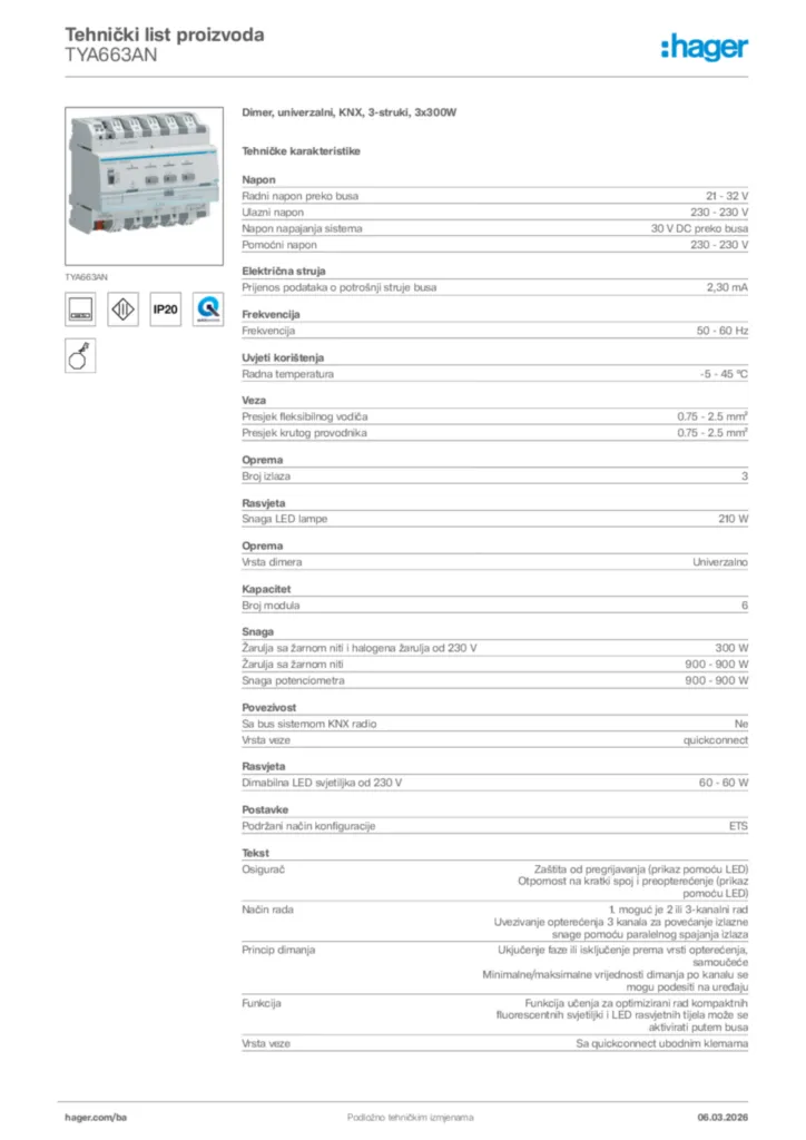 Slika Hager Tehnički list proizvoda TYA663AN  | Hager