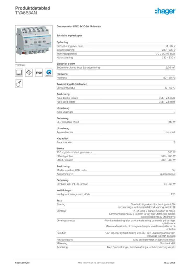 Bild Hager Produktdatablad TYA663AN | Hager Sverige