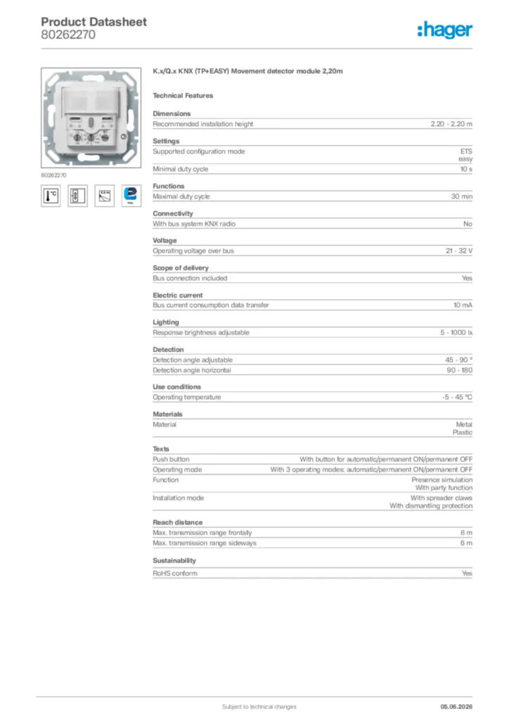 Image Hager Product data sheet 80262270  | Hager Africa