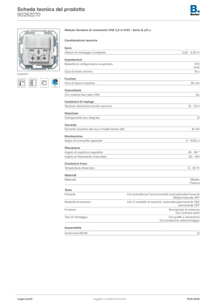 Immagine Berker Scheda tecnica del prodotto 80262270 | Hager Italia
