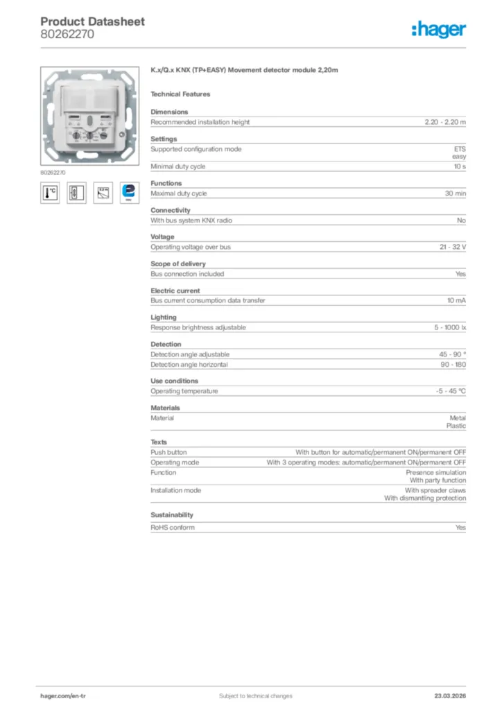 Image Hager Product data sheet 80262270  | Hager