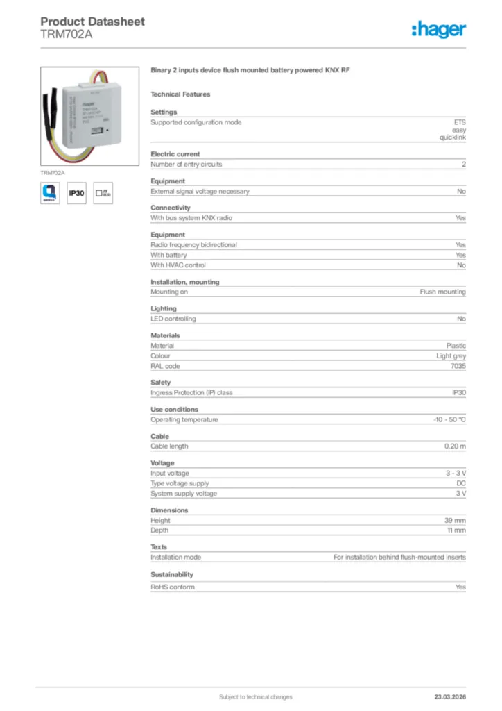 Image Hager Product data sheet TRM702A  | Hager Africa