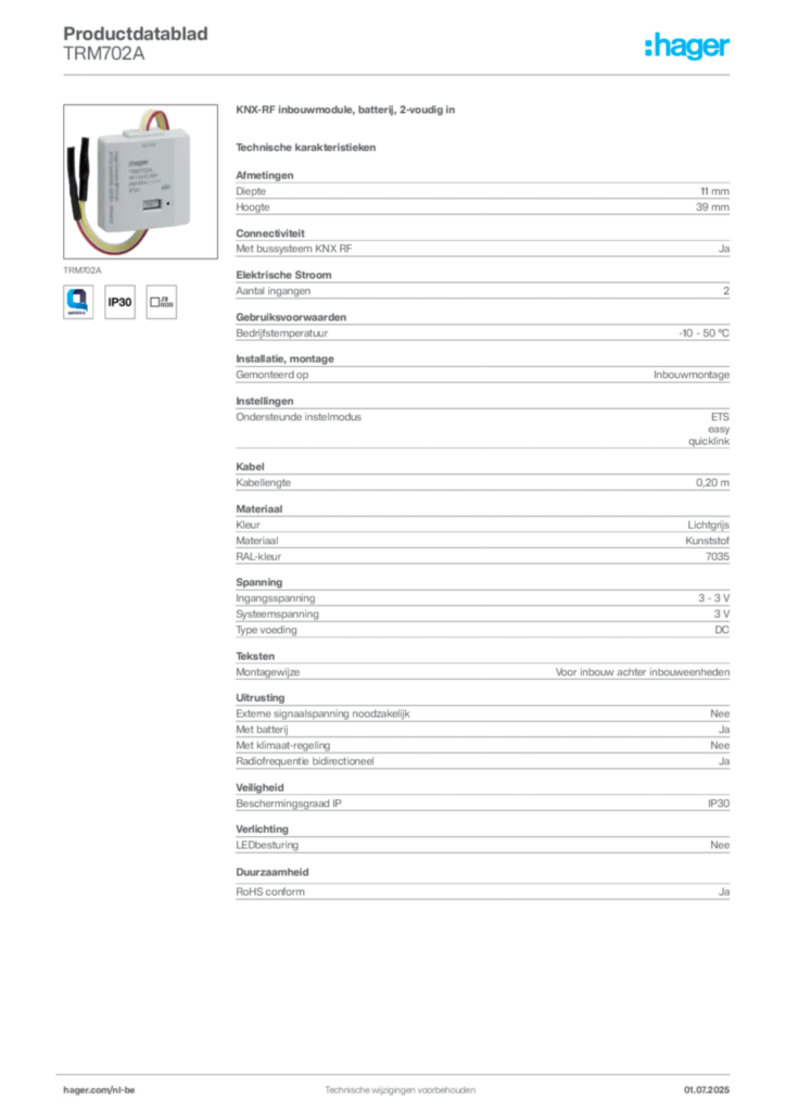 Afbeelding Hager Productdatablad TRM702A | Hager Belgium