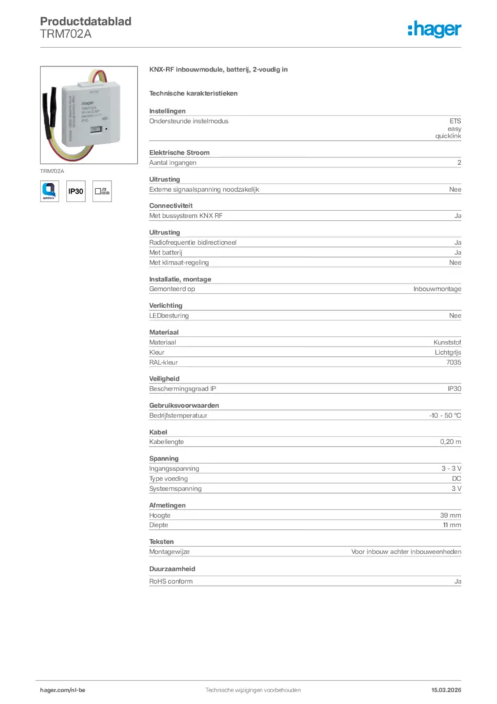 Afbeelding Hager Productdatablad TRM702A | Hager Belgium