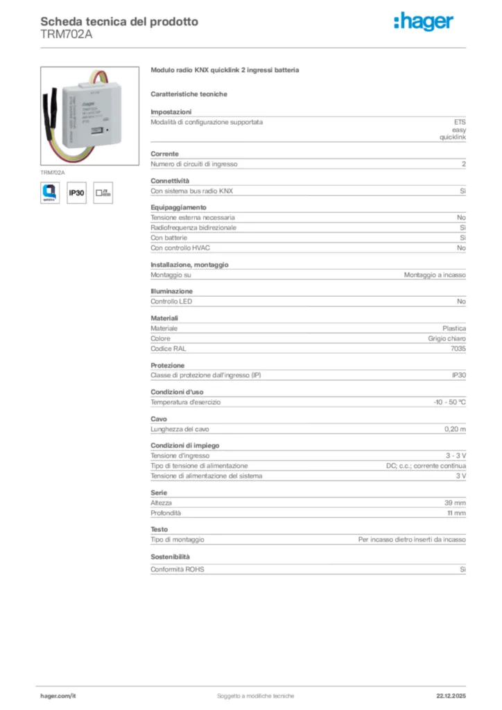 Immagine Hager Scheda tecnica del prodotto TRM702A | Hager Italia