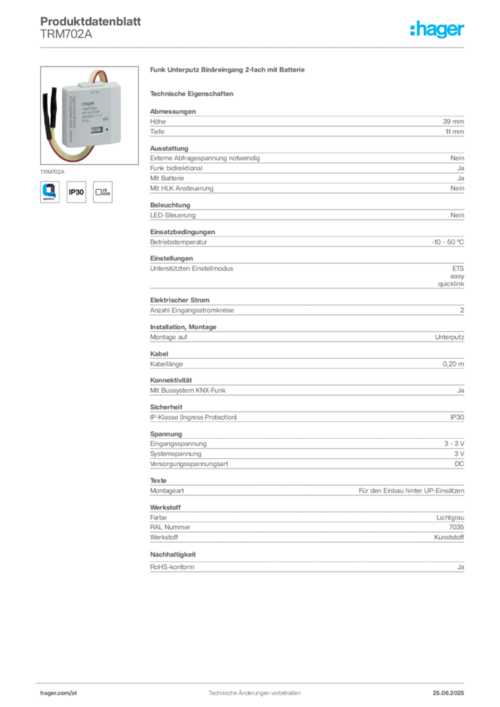 Bild Hager Produktdatenblatt TRM702A | Hager Deutschland