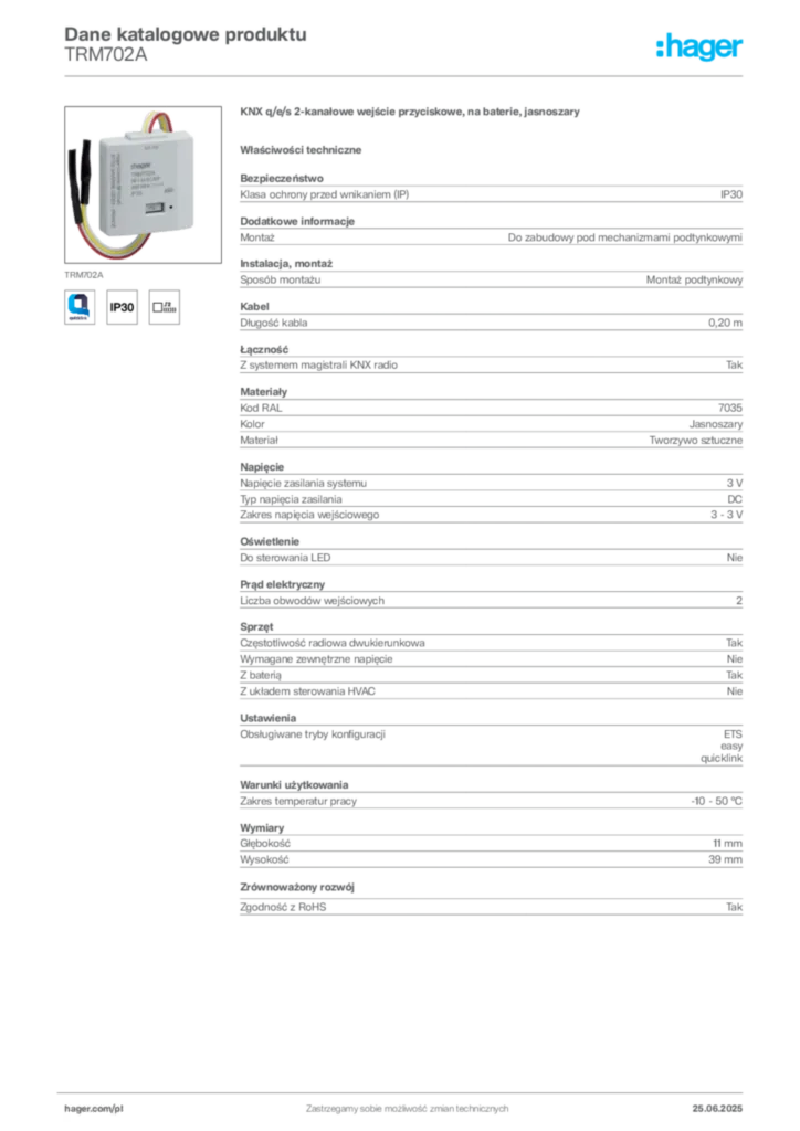 Zdjęcie Hager Dane katalogowe produktu TRM702A | Hager Polska