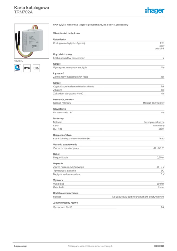 Zdjęcie Hager Karta katalogowa TRM702A | Hager Polska