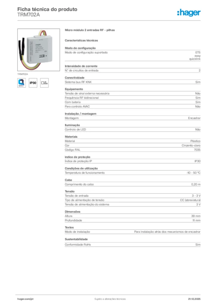 Imagem Hager Ficha técnica do produto TRM702A | Hager Portugal