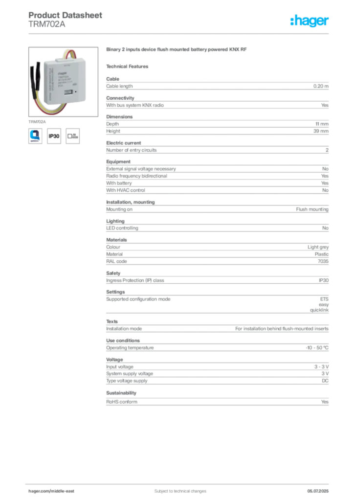 Image Hager Product data sheet TRM702A  | Hager