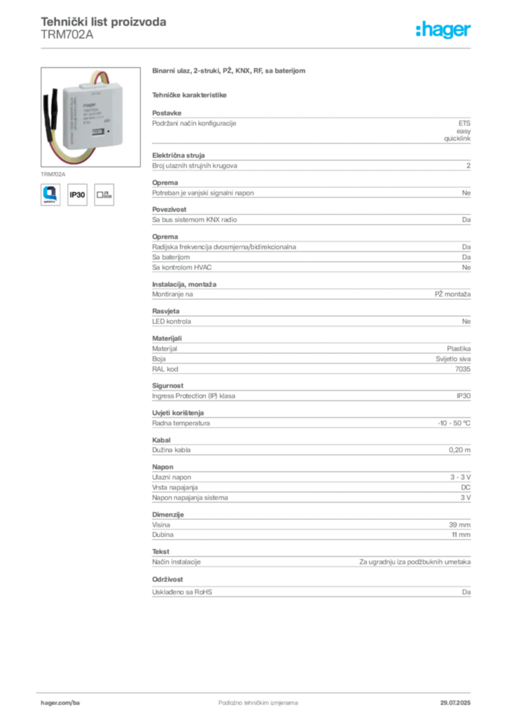 Slika Hager Product data sheet TRM702A  | Hager