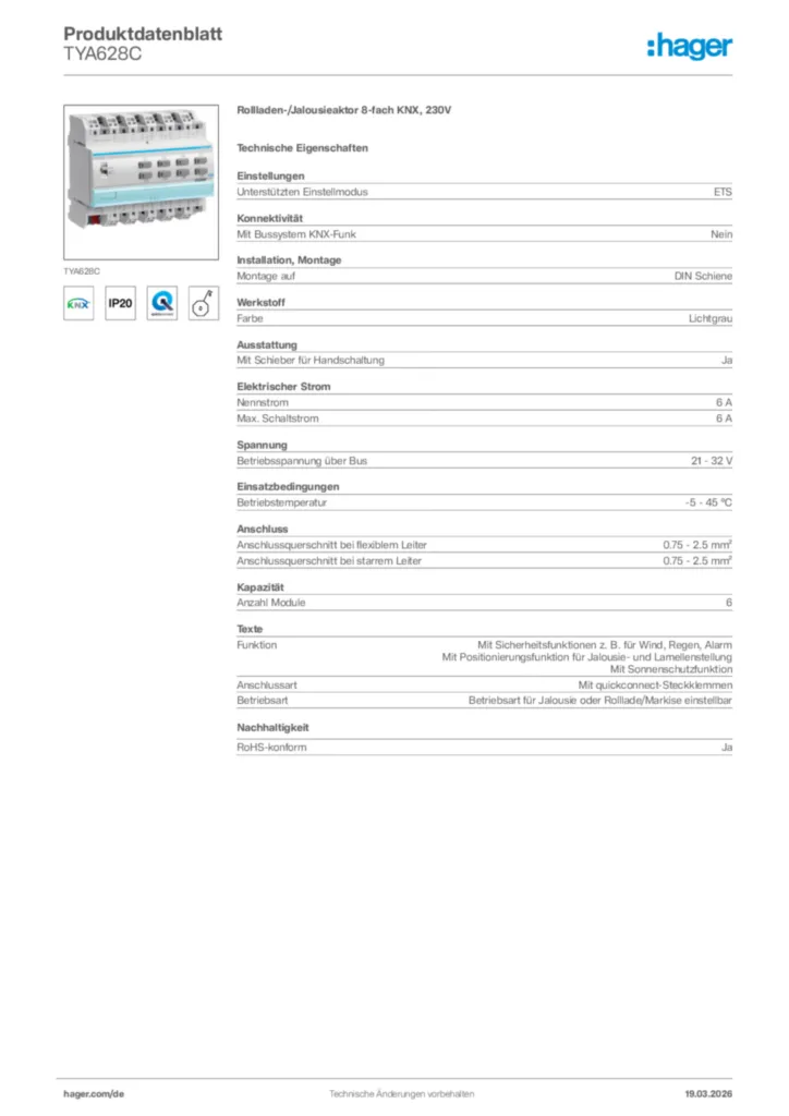 Bild Hager Produktdatenblatt TYA628C | Hager Deutschland