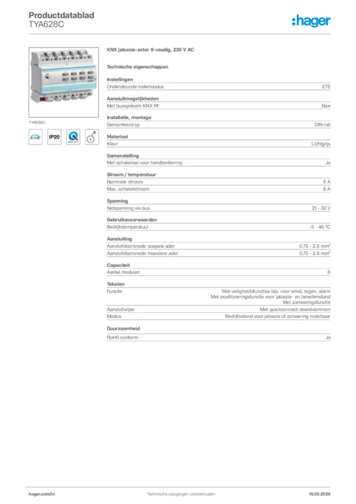 Afbeelding Hager Productdatablad TYA628C | Hager Nederland