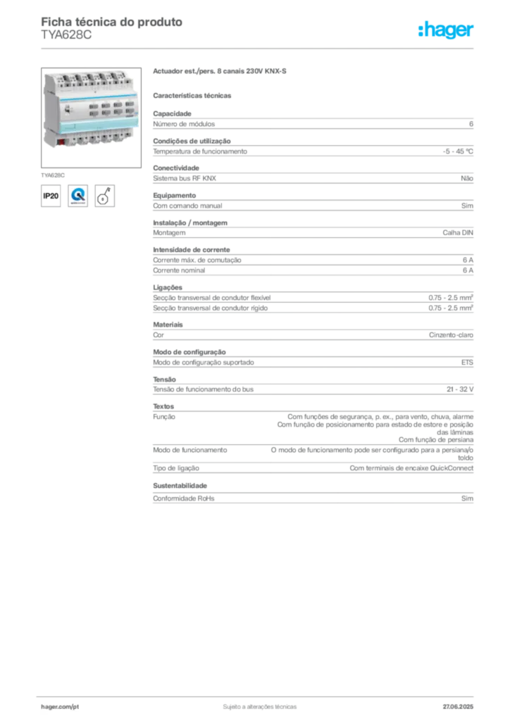 Imagem Hager Ficha técnica do produto TYA628C | Hager Portugal