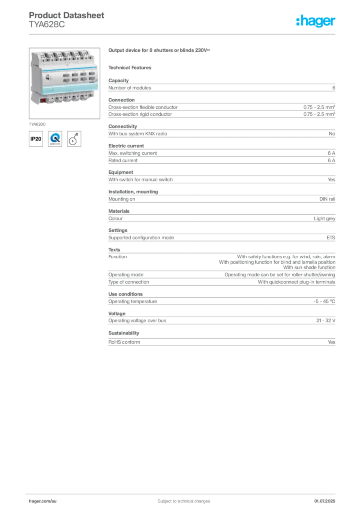 Image Hager Product data sheet TYA628C  | Hager Australia