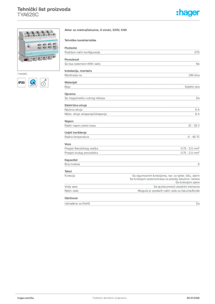 Slika Hager Product data sheet TYA628C  | Hager