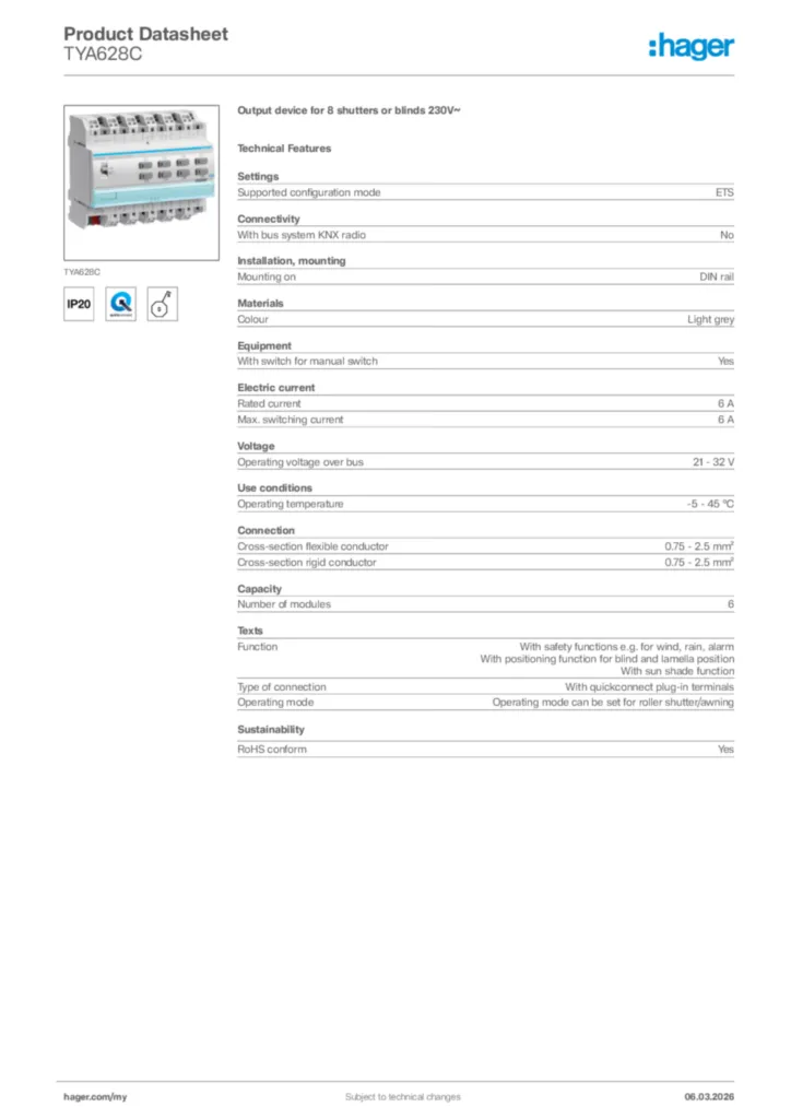 Image Hager Product data sheet TYA628C  | Hager