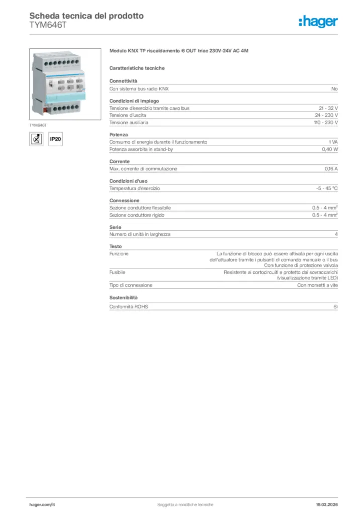 Immagine Hager Scheda tecnica del prodotto TYM646T | Hager Italia
