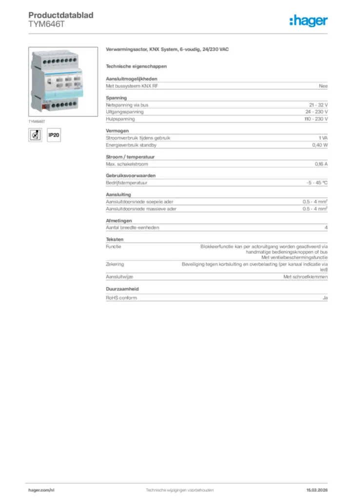 Afbeelding Hager Productdatablad TYM646T | Hager Nederland