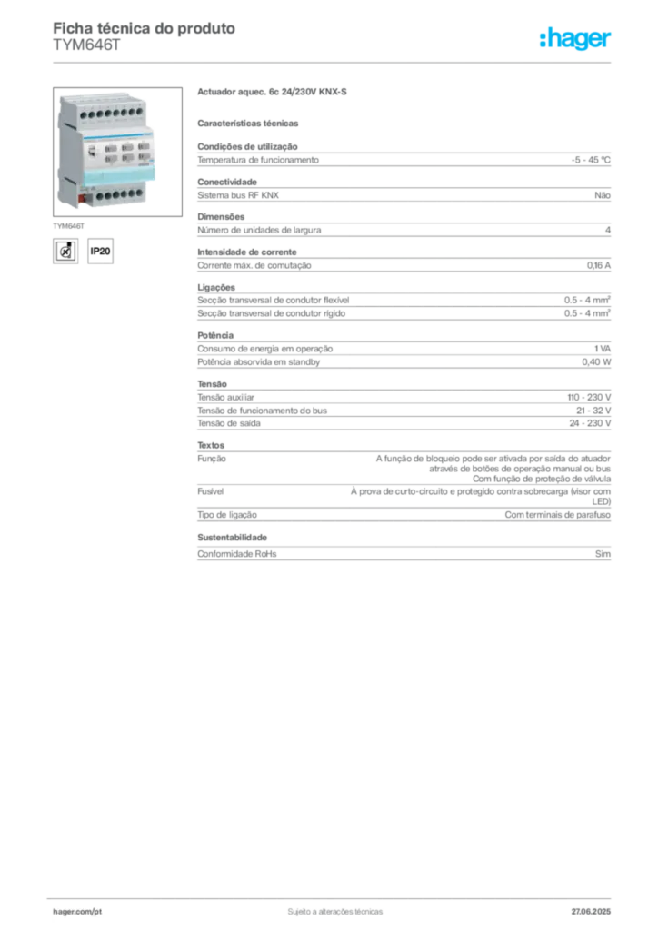Imagem Hager Ficha técnica do produto TYM646T | Hager Portugal