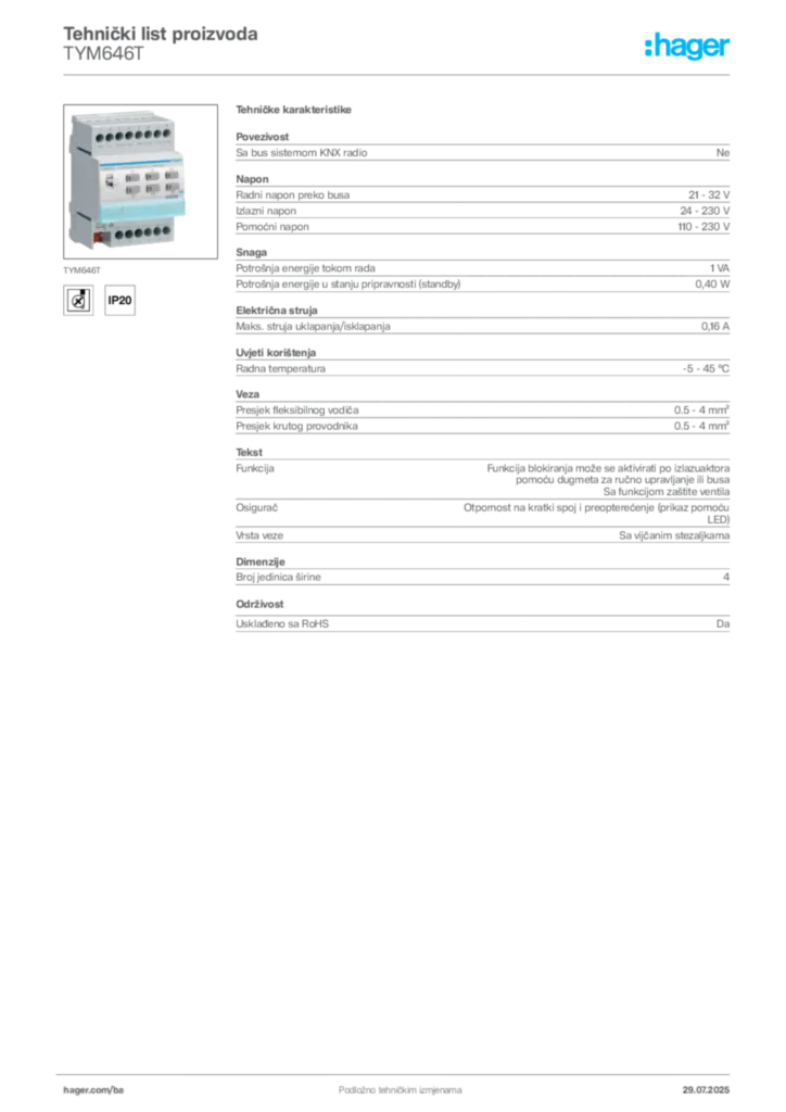 Slika Hager Product data sheet TYM646T  | Hager