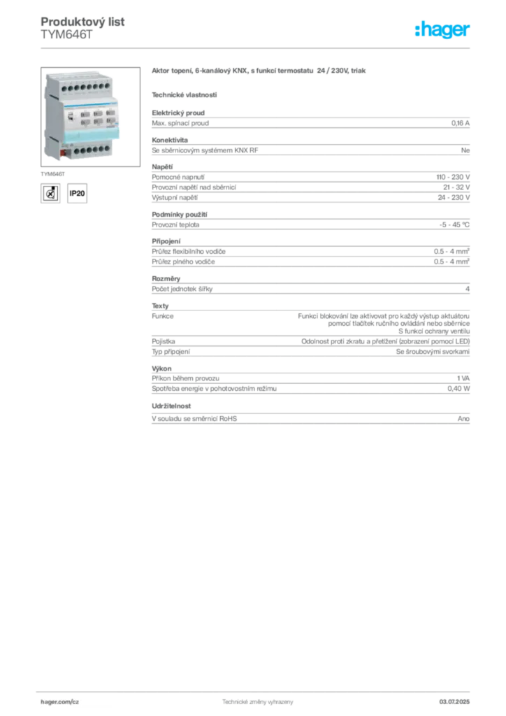 Obrázek Hager Produktový list TYM646T | Hager