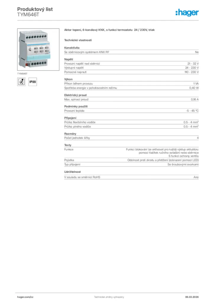 Obrázek Hager Product data sheet TYM646T | Hager