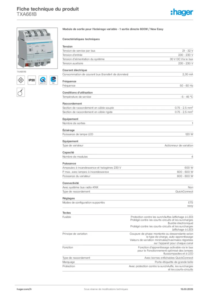 Image Hager Fiche technique du produit TXA661B | Hager France