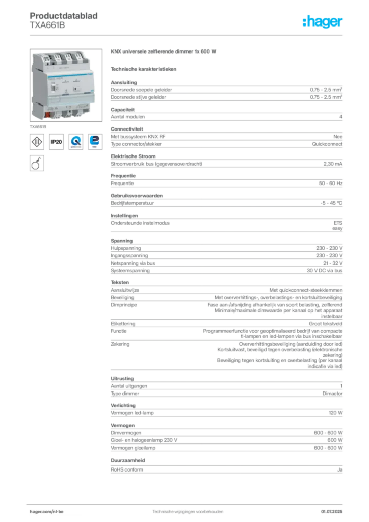 Afbeelding Hager Productdatablad TXA661B | Hager Belgium