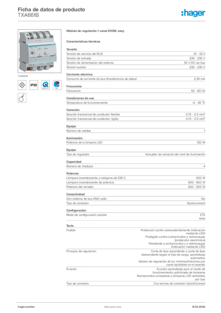 Imagen Hager Ficha de datos de producto TXA661B | Hager España