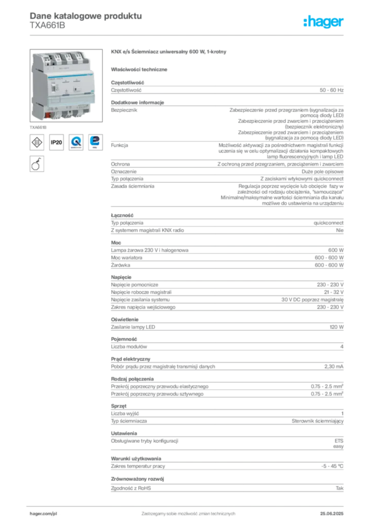 Zdjęcie Hager Dane katalogowe produktu TXA661B | Hager Polska