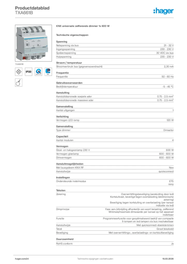 Afbeelding Hager Productdatablad TXA661B | Hager Nederland