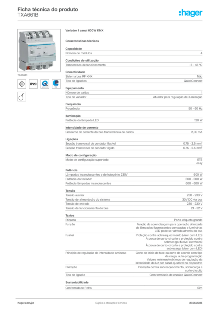 Imagem Hager Ficha técnica do produto TXA661B | Hager Portugal