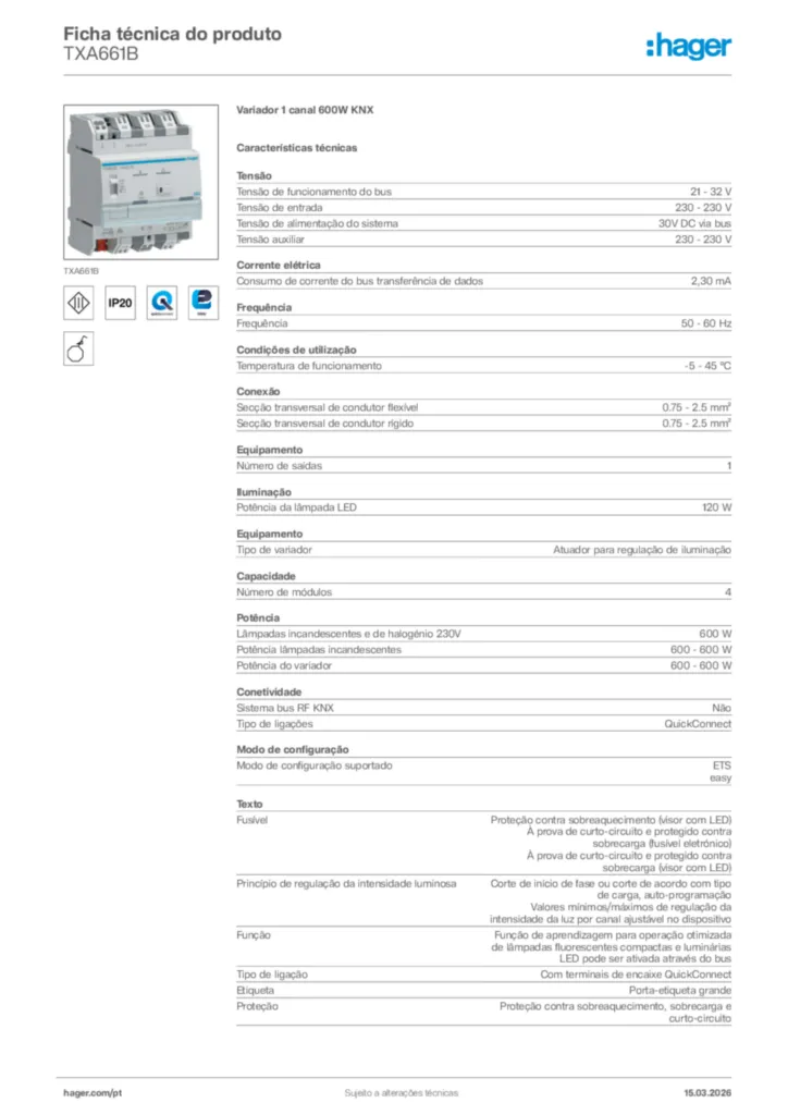 Imagem Hager Ficha técnica do produto TXA661B | Hager Portugal