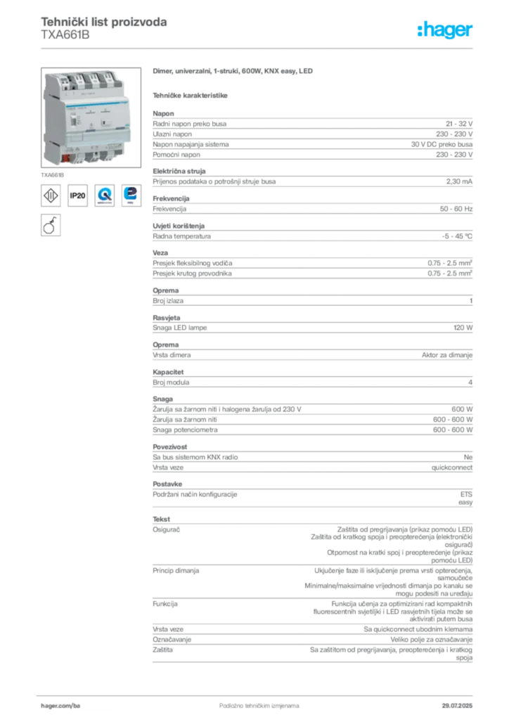 Slika Hager Product data sheet TXA661B  | Hager