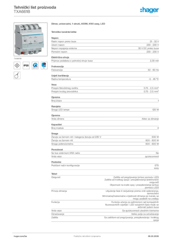 Slika Hager Tehnički list proizvoda TXA661B  | Hager
