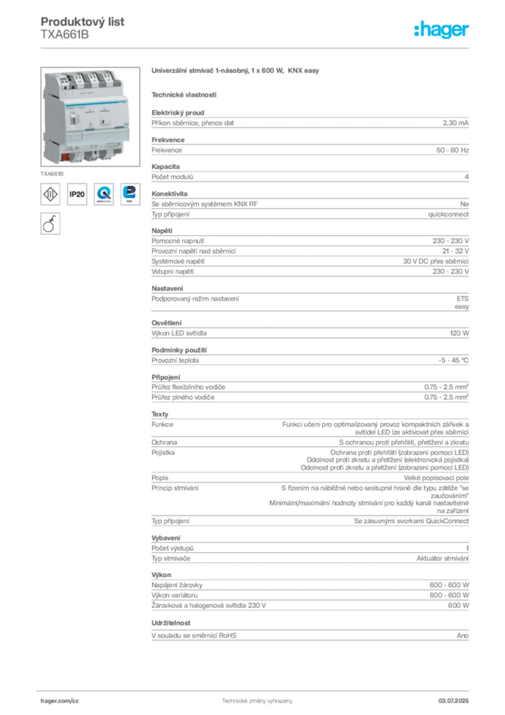 Obrázek Hager Produktový list TXA661B | Hager